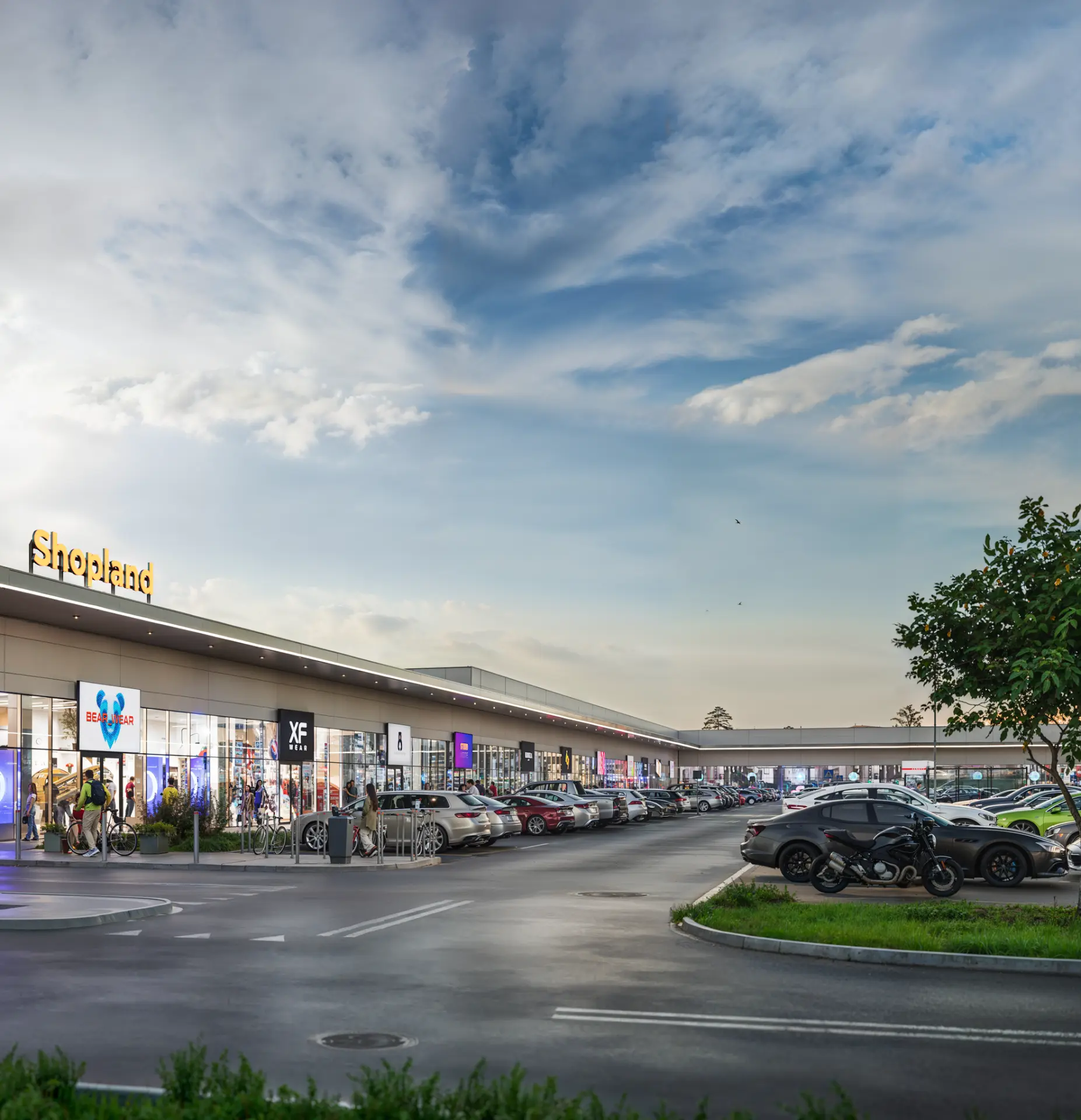 Wizualizacja parku handlowego SHOPLAND — pasaż handlowy z parkingiem